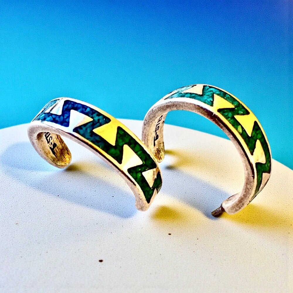 Vintage Turquoise Inlay Sterling Silver Half Hoop Earrings Signed T-STER